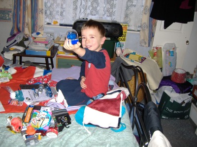Unwrapping stocking presents.