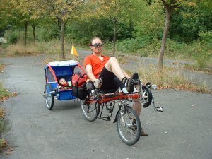 Daddy towing the trailer